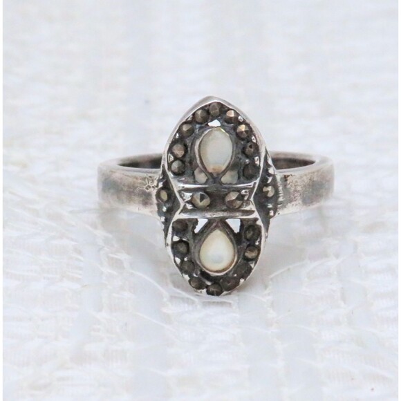 Vintage Sterling Silver Ring with Marcasite and White Stone S 7 Mothers Day Gift - Picture 1 of 8